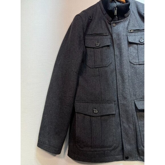 Guess Mens Military Coat Jacket Large Charcoal Gray Stand Collar Quilted Winter - Picture 8 of 13